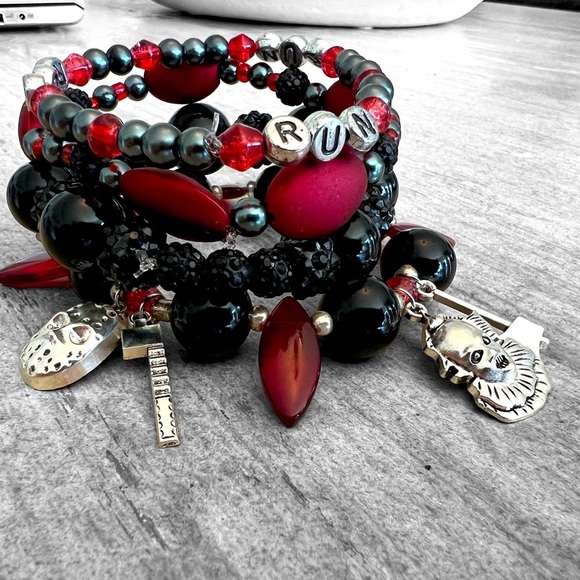 handmade Jewelry - Horror Movie themed bracelet stretchy stackable charm bracelet black red